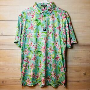 Bad Birdie Men's Teal Hibiscus Floral Print Golf Polo